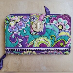 Vera Bradley Quilted Turnlock Wallet - Teal, Purple & Lime Floral Print